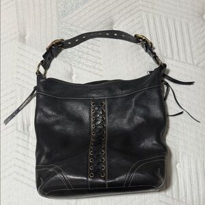 Coach Black Leather Shoulder Bag with Lace-Up Detail